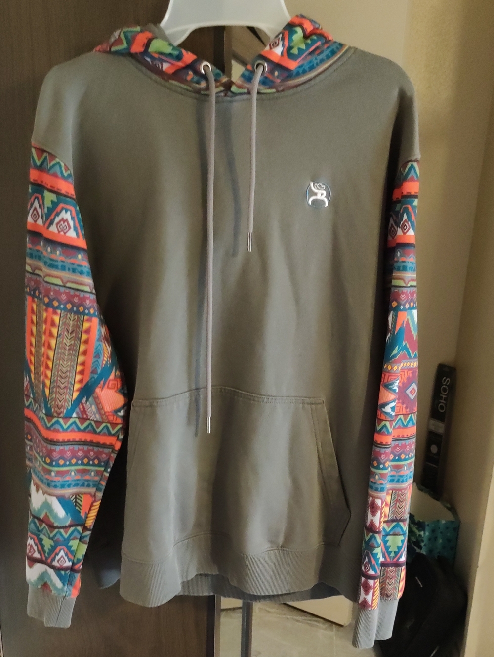 Hooey Olive Hoodie with Multicolor Aztec Sleeves